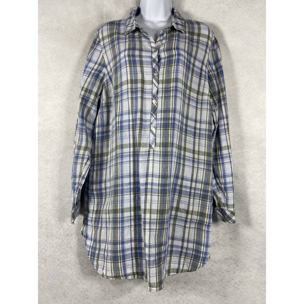 J Jill Love Linen Top Women L Tall Blue White Plaid Long Sleeve 100% Linen Tunic